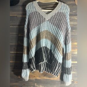 Democracy V-Neck Striped Open Knit Sweater in Light Blue, Gray & Brown